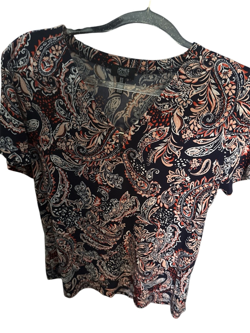 Jones New York Navy Paisley V-Neck Short Sleeve Top with Coral and Cream Accents